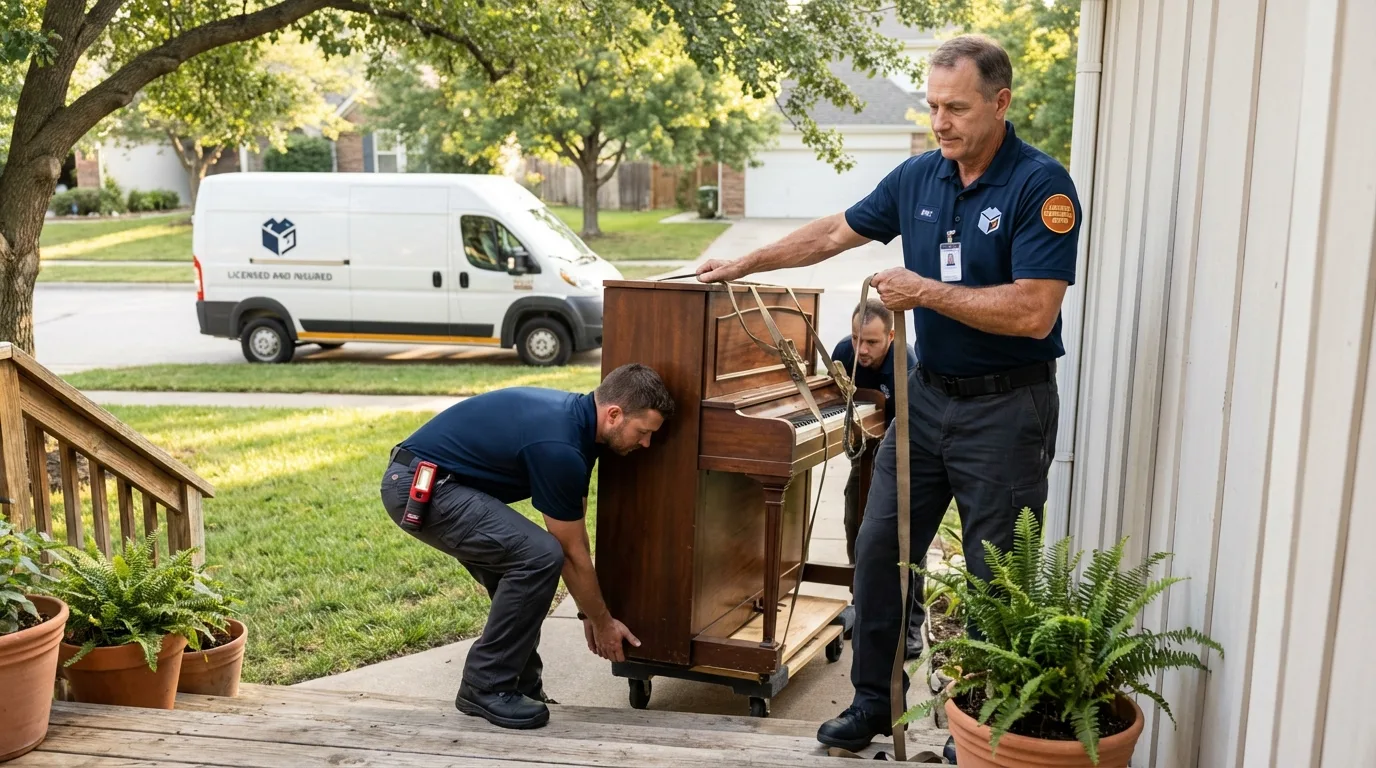 Licensed piano movers securing grand piano in New Providence, NJ
