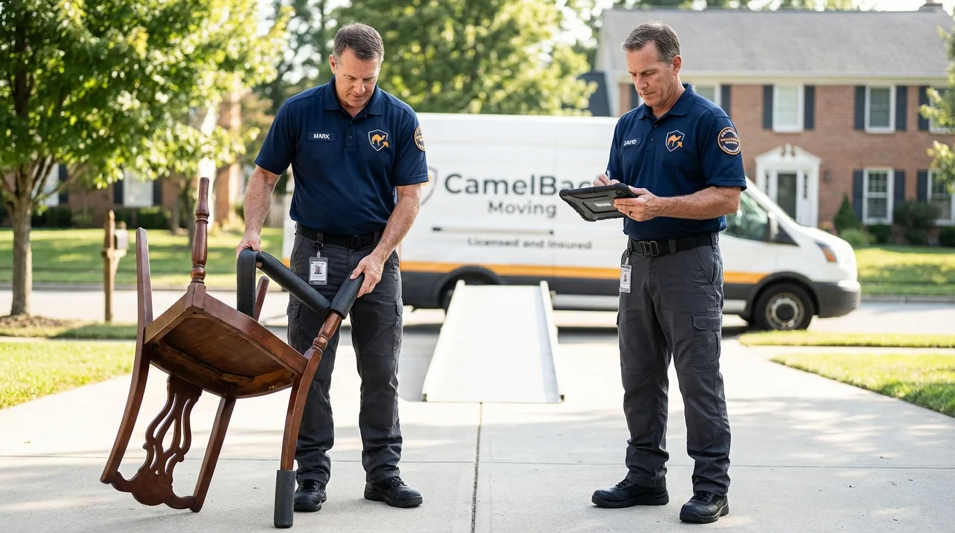 Movers inspecting furniture for damage prevention before loading in New Providence, NJ