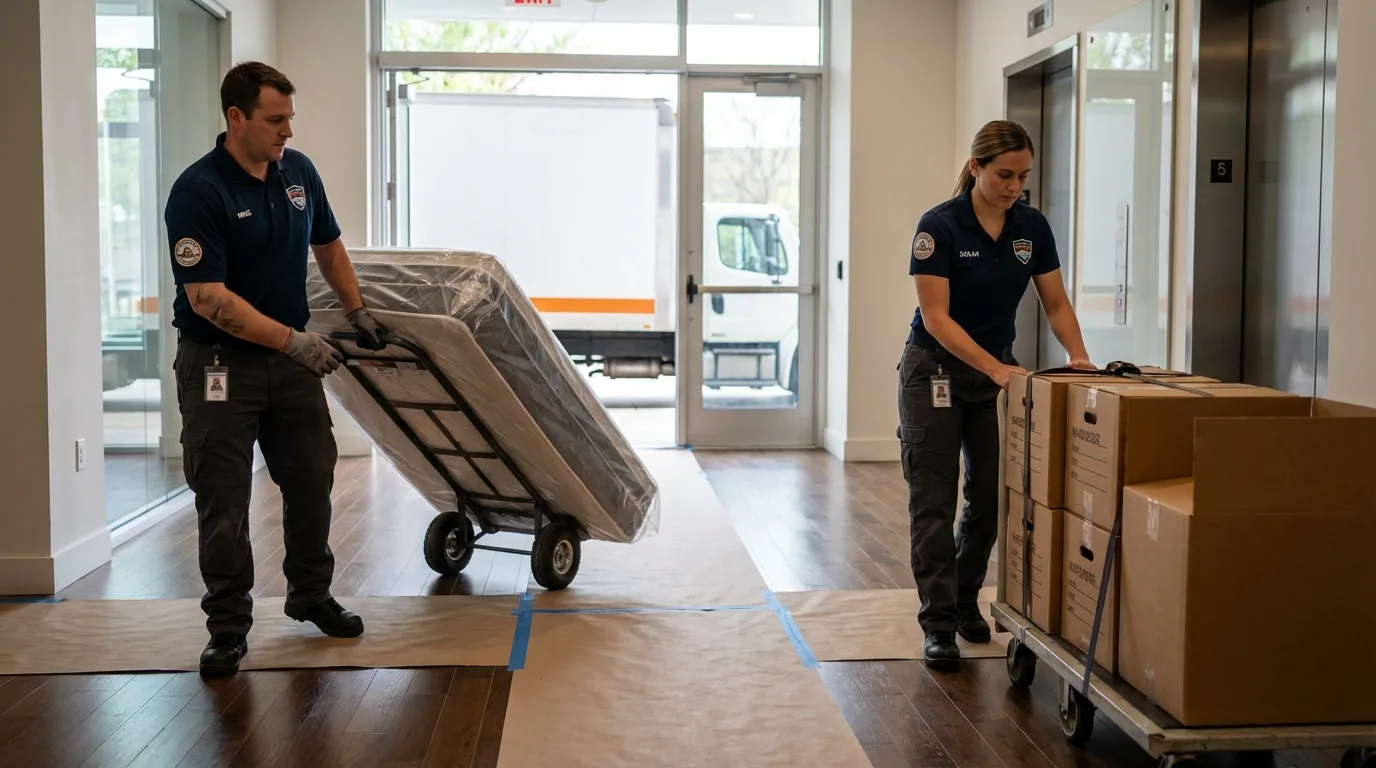 Professional apartment movers loading elevator in New Providence, NJ