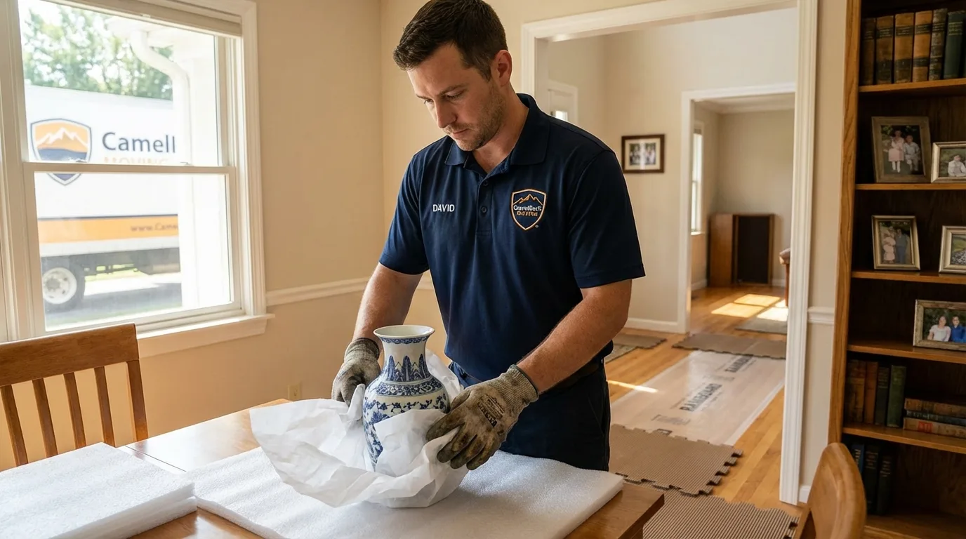 Professional crew carefully wrapping antique vase for senior downsizing move in New Providence, NJ